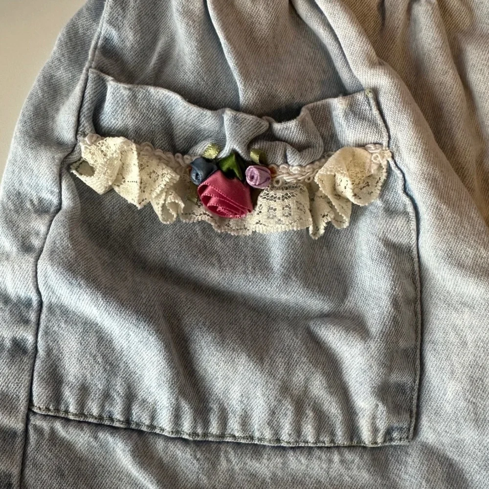 Vintage 90s Wee Boxers Baby Girl Denim Romper Size 12 Months Roses Lace Feminine